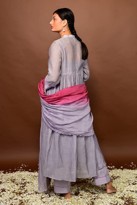 KKANYAAH_Grey Handloom , Silk, Gathered Anarkali Set With Ombre Dupatta _Online_at_Aza_Fashions