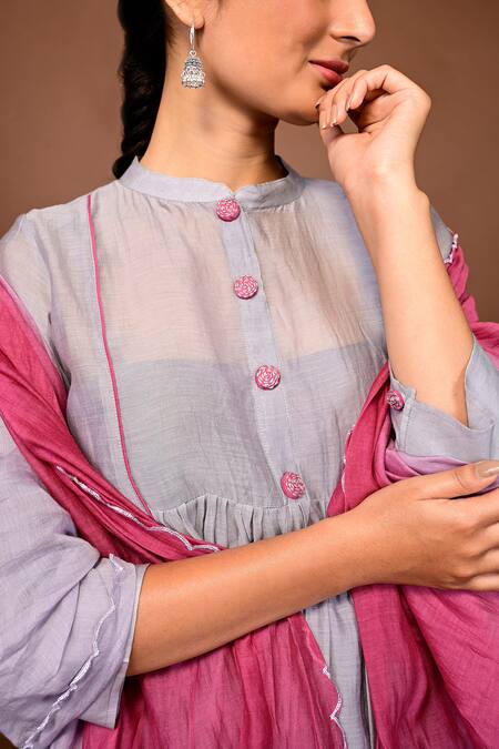 KKANYAAH_Grey Handloom , Silk, Gathered Anarkali Set With Ombre Dupatta _at_Aza_Fashions