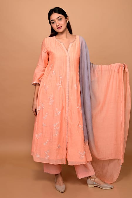 KKANYAAH Peach Silk, Cotton Embroidery Split V-neck Blossom Threadwork Kurta Pant Set
