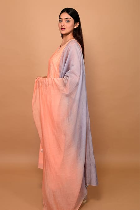 Shop KKANYAAH Peach Silk, Cotton Embroidery Split V-neck Blossom Threadwork Kurta Pant Set at Aza Fashions Shop_KKANYAAH_Peach Silk, Cotton Embroidery Split V-neck Blossom Threadwork Kurta Pant Set _at_Aza_Fashions