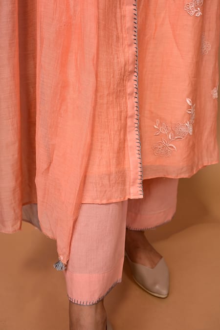 Buy KKANYAAH Peach Silk, Cotton Embroidery Split V-neck Blossom Threadwork Kurta Pant Set Online at Aza Fashions Buy_KKANYAAH_Peach Silk, Cotton Embroidery Split V-neck Blossom Threadwork Kurta Pant Set _Online_at_Aza_Fashions