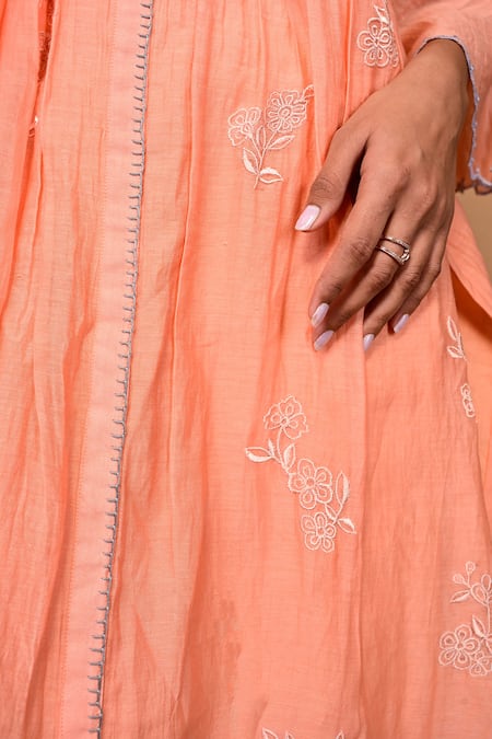 KKANYAAH Peach Silk, Cotton Embroidery Split V-neck Blossom Threadwork Kurta Pant Set at Aza Fashions KKANYAAH_Peach Silk, Cotton Embroidery Split V-neck Blossom Threadwork Kurta Pant Set _at_Aza_Fashions