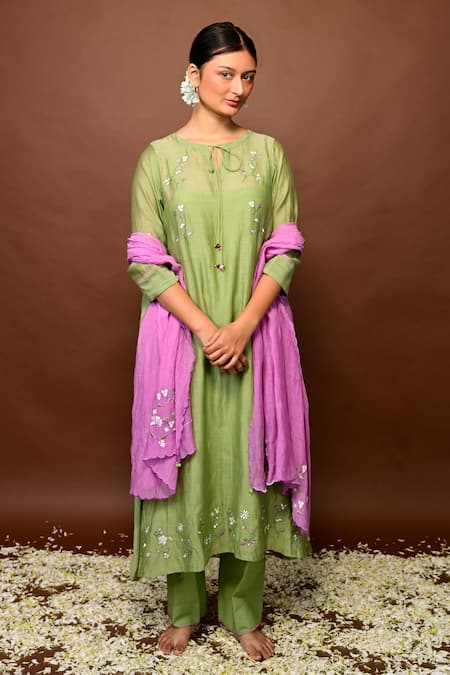 KKANYAAH Green Handloom , Silk, Embroidery Keyhole Blossom Kurta Pant Set Online at Aza Fashions KKANYAAH_Green Handloom , Silk, Embroidery Keyhole Blossom Kurta Pant Set _Online_at_Aza_Fashions