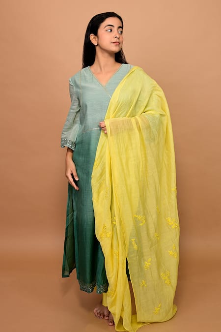 KKANYAAH Green Handloom , Silk, Embroidery, Embellished Ombre Kurta Pant Set