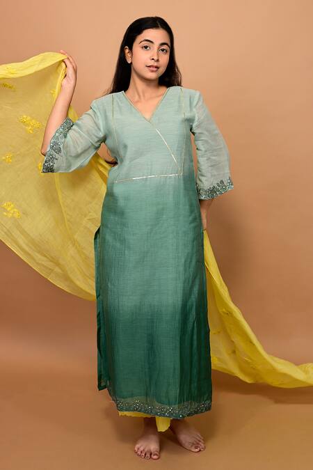 KKANYAAH Green Handloom , Silk, Embroidery, Embellished Ombre Kurta Pant Set at Aza Fashions KKANYAAH_Green Handloom , Silk, Embroidery, Embellished Ombre Kurta Pant Set _at_Aza_Fashions