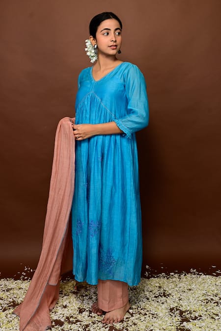 KKANYAAH Blue Handloom , Silk, Threadwork Floral Anarkali Pant Set