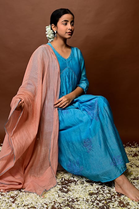 KKANYAAH_Blue Handloom , Silk, Threadwork Floral Anarkali Pant Set _Online_at_Aza_Fashions