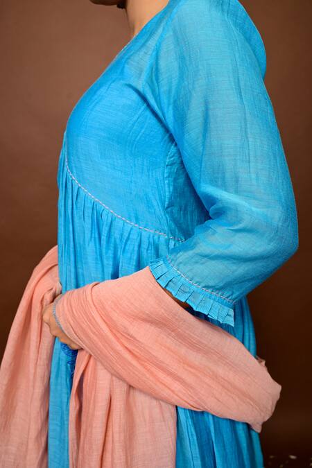 Buy_KKANYAAH_Blue Handloom , Silk, Threadwork Floral Anarkali Pant Set _Online_at_Aza_Fashions