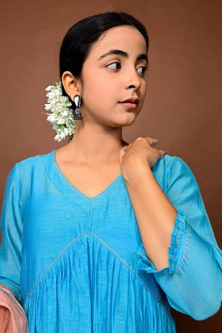 KKANYAAH_Blue Handloom , Silk, Threadwork Floral Anarkali Pant Set _at_Aza_Fashions