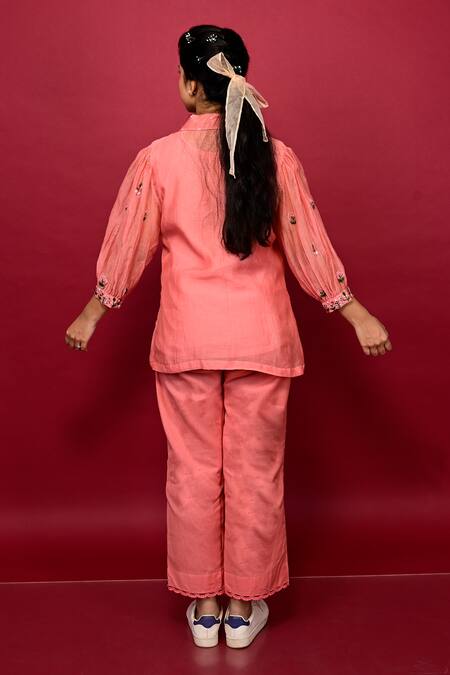 KKANYAAH_Peach Silk, Cotton Embroidery Threadwork Shirt Pant Set _Online_at_Aza_Fashions