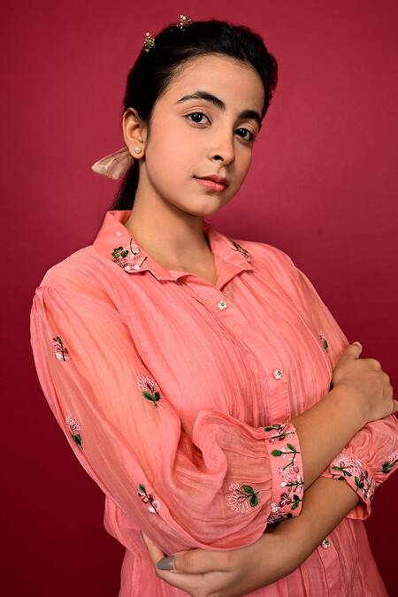 KKANYAAH_Peach Silk, Cotton Embroidery Threadwork Shirt Pant Set _at_Aza_Fashions