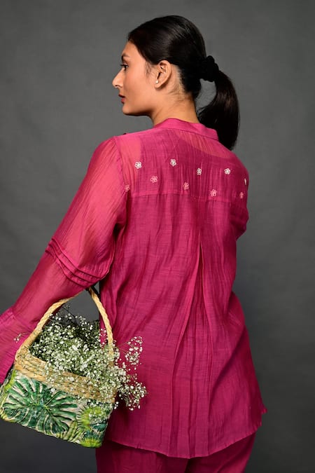 KKANYAAH_Magenta Silk, Cotton Embroidery Mandarin Collar Floral Threadwork Top Pant Set _Online_at_Aza_Fashions