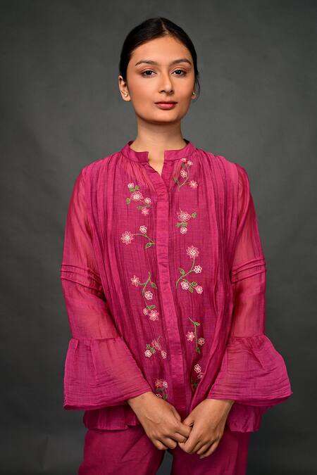 Buy_KKANYAAH_Magenta Silk, Cotton Embroidery Mandarin Collar Floral Threadwork Top Pant Set _Online_at_Aza_Fashions