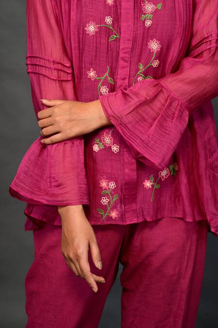 Shop_KKANYAAH_Magenta Silk, Cotton Embroidery Mandarin Collar Floral Threadwork Top Pant Set _Online_at_Aza_Fashions
