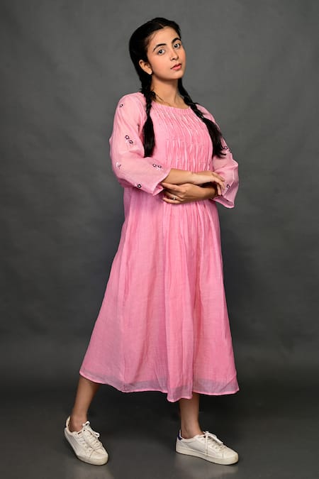 KKANYAAH Pink Silk, Cotton Embroidery Round Neck Pleated Bodice Dress Online at Aza Fashions KKANYAAH_Pink Silk, Cotton Embroidery Round Neck Pleated Bodice Dress _Online_at_Aza_Fashions