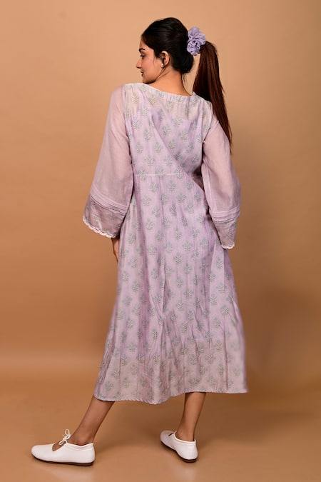 Shop KKANYAAH Purple Handloom Cotton, Silk Embroidery Round Neck Floral Print Dress at Aza Fashions Shop_KKANYAAH_Purple Handloom Cotton, Silk Embroidery Round Neck Floral Print Dress _at_Aza_Fashions