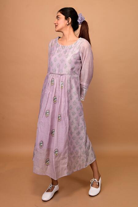 KKANYAAH Purple Handloom Cotton, Silk Embroidery Round Neck Floral Print Dress Online at Aza Fashions KKANYAAH_Purple Handloom Cotton, Silk Embroidery Round Neck Floral Print Dress _Online_at_Aza_Fashions