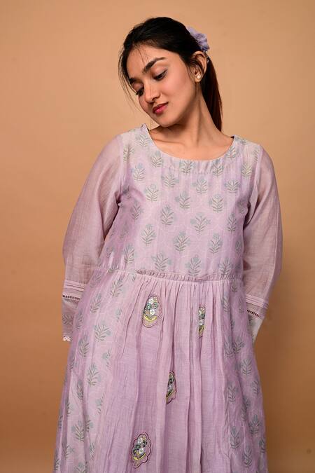 Shop KKANYAAH Purple Handloom Cotton, Silk Embroidery Round Neck Floral Print Dress Online at Aza Fashions Shop_KKANYAAH_Purple Handloom Cotton, Silk Embroidery Round Neck Floral Print Dress _Online_at_Aza_Fashions