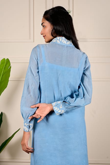 Shop KKANYAAH Blue Handloom Cotton, Silk Embroidery, Pearls Collared Placed Threadwork Dress at Aza Fashions Shop_KKANYAAH_Blue Handloom Cotton, Silk Embroidery, Pearls Collared Placed Threadwork Dress _at_Aza_Fashions