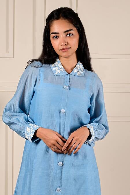 KKANYAAH Blue Handloom Cotton, Silk Embroidery, Pearls Collared Placed Threadwork Dress Online at Aza Fashions KKANYAAH_Blue Handloom Cotton, Silk Embroidery, Pearls Collared Placed Threadwork Dress _Online_at_Aza_Fashions