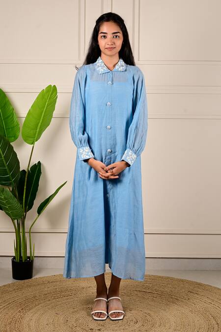 Buy KKANYAAH Blue Handloom Cotton, Silk Embroidery, Pearls Collared Placed Threadwork Dress Online at Aza Fashions Buy_KKANYAAH_Blue Handloom Cotton, Silk Embroidery, Pearls Collared Placed Threadwork Dress _Online_at_Aza_Fashions