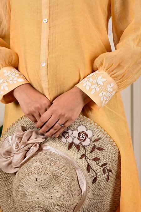 Buy_Kkanyaah_Yellow Handloom Cotton, Silk Embroidery Shawl Neck Threadwork Placement Dress _Online_at_Aza_Fashions