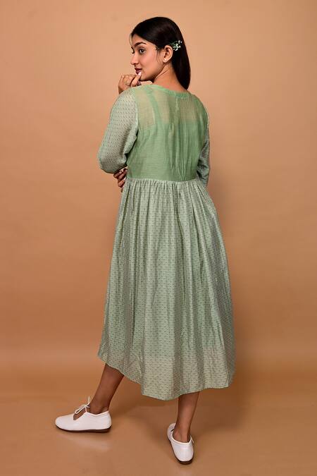 Shop KKANYAAH Green Handloom Cotton, Silk Embroidery Round Neck Botanic Print Dress at Aza Fashions Shop_KKANYAAH_Green Handloom Cotton, Silk Embroidery Round Neck Botanic Print Dress _at_Aza_Fashions