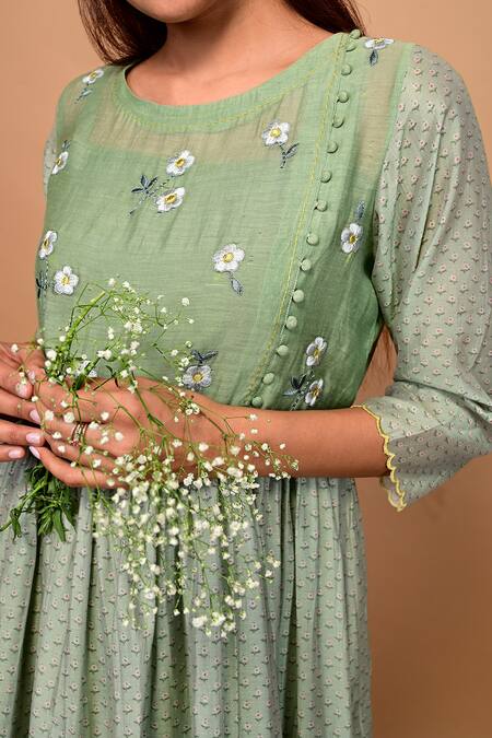 KKANYAAH Green Handloom Cotton, Silk Embroidery Round Neck Botanic Print Dress Online at Aza Fashions KKANYAAH_Green Handloom Cotton, Silk Embroidery Round Neck Botanic Print Dress _Online_at_Aza_Fashions