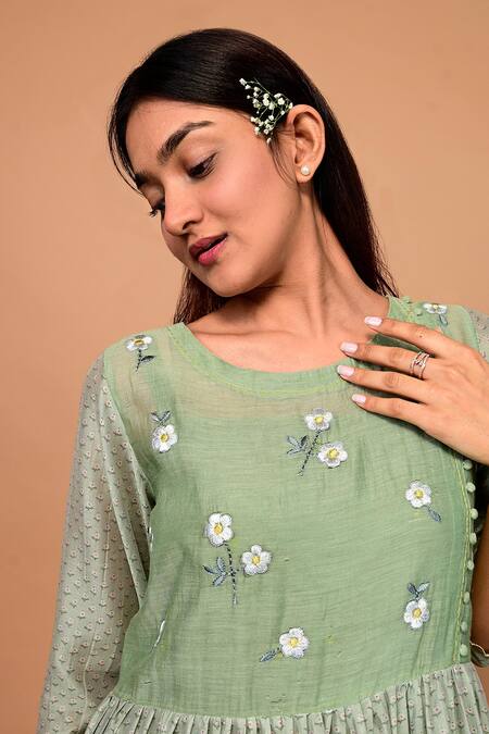 Buy KKANYAAH Green Handloom Cotton, Silk Embroidery Round Neck Botanic Print Dress Online at Aza Fashions Buy_KKANYAAH_Green Handloom Cotton, Silk Embroidery Round Neck Botanic Print Dress _Online_at_Aza_Fashions