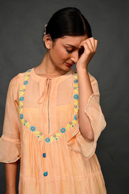 KKANYAAH Orange Handloom Cotton, Silk Embroidery Split V-neck Threadwork Dress Online at Aza Fashions KKANYAAH_Orange Handloom Cotton, Silk Embroidery Split V-neck Threadwork Dress _Online_at_Aza_Fashions