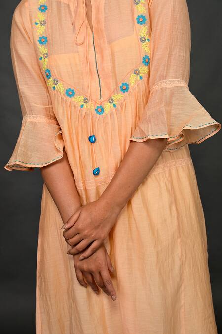 Buy KKANYAAH Orange Handloom Cotton, Silk Embroidery Split V-neck Threadwork Dress Online at Aza Fashions Buy_KKANYAAH_Orange Handloom Cotton, Silk Embroidery Split V-neck Threadwork Dress _Online_at_Aza_Fashions