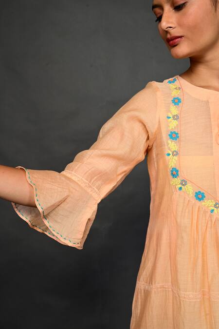 Shop KKANYAAH Orange Handloom Cotton, Silk Embroidery Split V-neck Threadwork Dress Online at Aza Fashions Shop_KKANYAAH_Orange Handloom Cotton, Silk Embroidery Split V-neck Threadwork Dress _Online_at_Aza_Fashions