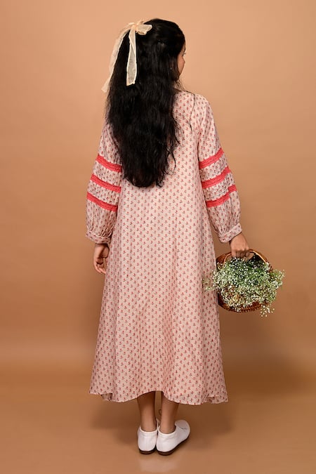 Shop KKANYAAH Peach Silk, Cotton Embroidery Round Neck Floral Butti Print Dress at Aza Fashions Shop_KKANYAAH_Peach Silk, Cotton Embroidery Round Neck Floral Butti Print Dress _at_Aza_Fashions