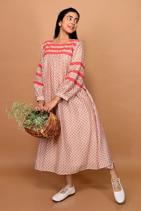 Buy KKANYAAH Peach Silk, Cotton Embroidery Round Neck Floral Butti Print Dress Online at Aza Fashions Buy_KKANYAAH_Peach Silk, Cotton Embroidery Round Neck Floral Butti Print Dress _Online_at_Aza_Fashions