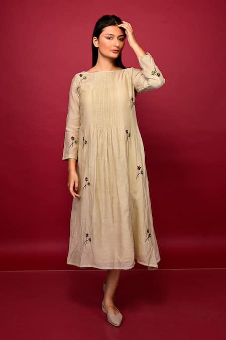 KKANYAAH_Beige Silk, Cotton Embroidery Round Neck Threadwork Botanic Dress _Online_at_Aza_Fashions