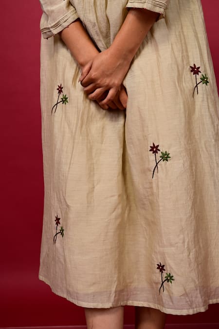 Buy_KKANYAAH_Beige Silk, Cotton Embroidery Round Neck Threadwork Botanic Dress _Online_at_Aza_Fashions