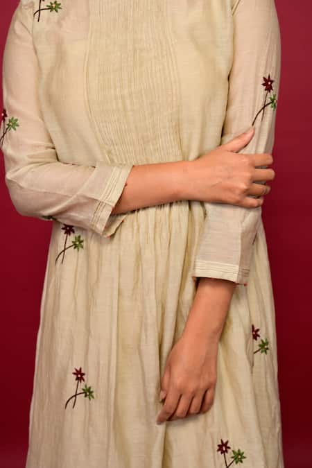 Shop_KKANYAAH_Beige Silk, Cotton Embroidery Round Neck Threadwork Botanic Dress _Online_at_Aza_Fashions