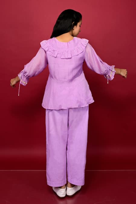 Shop_KKANYAAH_Purple V-neck Floral Hand Embroidered V Co-ord Set _at_Aza_Fashions