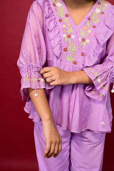 Buy_KKANYAAH_Purple V-neck Floral Hand Embroidered V Co-ord Set _Online_at_Aza_Fashions