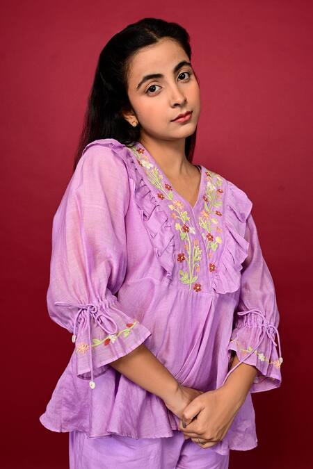 Shop_KKANYAAH_Purple V-neck Floral Hand Embroidered V Co-ord Set _Online_at_Aza_Fashions