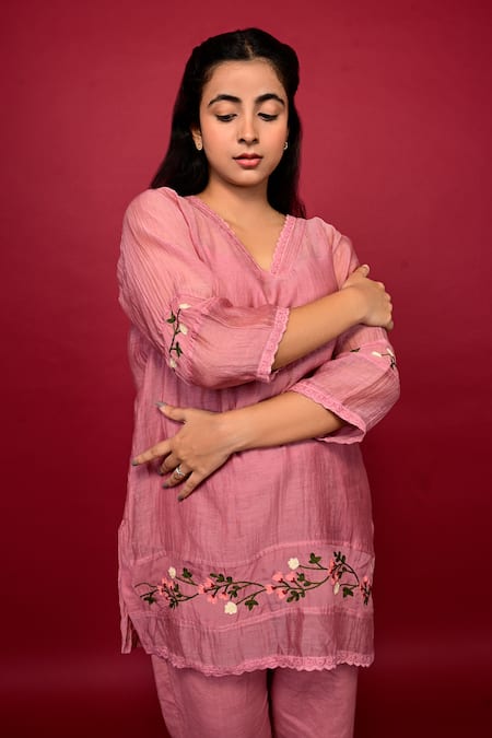 KKANYAAH_Pink Silk, Cotton Embroidery V-neck Placed Floral Top And Pant Co-ord Set _Online_at_Aza_Fashions