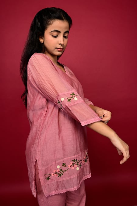 Buy_KKANYAAH_Pink Silk, Cotton Embroidery V-neck Placed Floral Top And Pant Co-ord Set _Online_at_Aza_Fashions