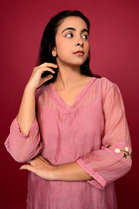 Shop_KKANYAAH_Pink Silk, Cotton Embroidery V-neck Placed Floral Top And Pant Co-ord Set _Online_at_Aza_Fashions