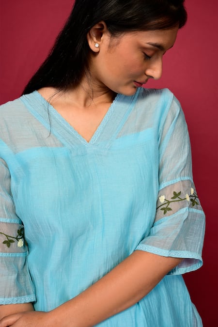 KKANYAAH_Blue Silk, Cotton Embroidery V-neck Placed Top And Pant Co-ord Set _Online_at_Aza_Fashions