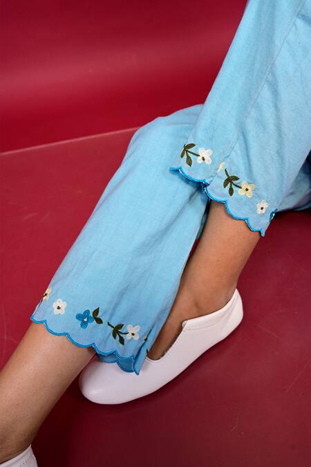 Shop_KKANYAAH_Blue Silk, Cotton Embroidery V-neck Placed Top And Pant Co-ord Set _Online_at_Aza_Fashions