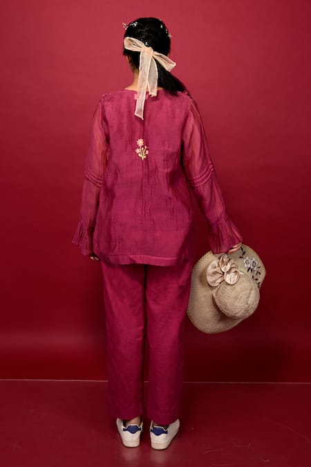 KKANYAAH_Magenta Silk, Cotton Embroidery V-neck Placed Shirt And Pant Co-ord Set _Online_at_Aza_Fashions