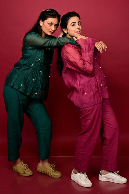 Buy_KKANYAAH_Magenta Silk, Cotton Embroidery V-neck Placed Shirt And Pant Co-ord Set _Online_at_Aza_Fashions