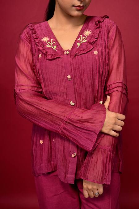 KKANYAAH_Magenta Silk, Cotton Embroidery V-neck Placed Shirt And Pant Co-ord Set _at_Aza_Fashions