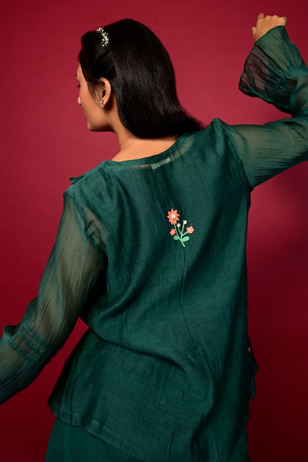 KKANYAAH_Green Silk, Cotton Embroidery Collared Placed Floral Shirt And Pant Co-ord Set _Online_at_Aza_Fashions
