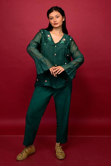 Buy_KKANYAAH_Green Silk, Cotton Embroidery Collared Placed Floral Shirt And Pant Co-ord Set _Online_at_Aza_Fashions